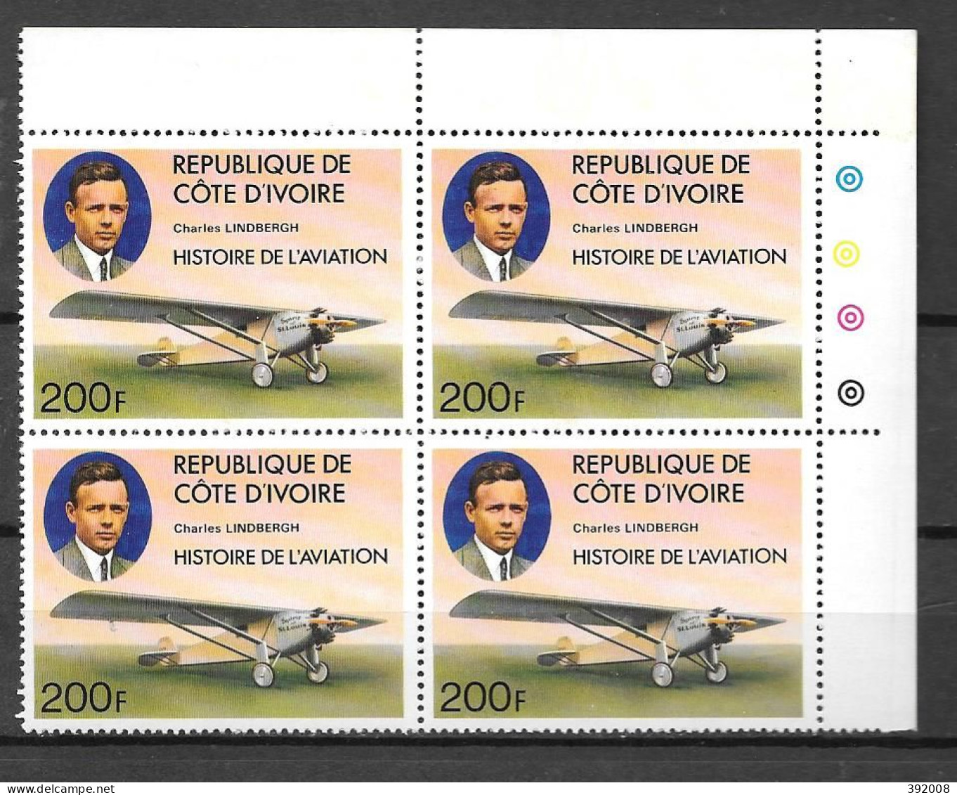 1977 - N° 427 **MNH -Histoire De L'aviation - Lindberg - Bloc De 4 - 4 - Côte D'Ivoire (1960-...)