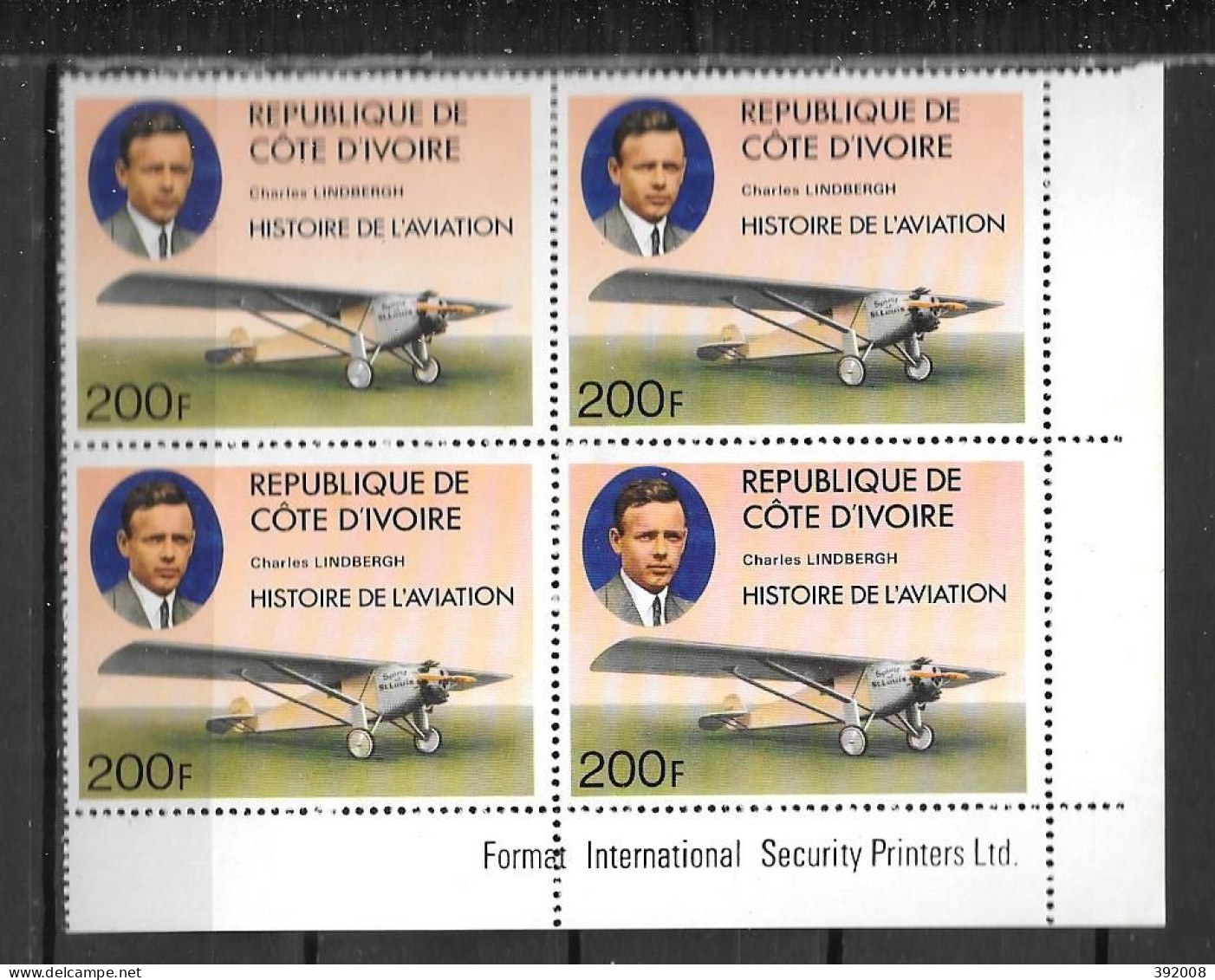 1977 - N° 427 **MNH -Histoire De L'aviation - Lindberg - Bloc De 4 - 3 - Côte D'Ivoire (1960-...)