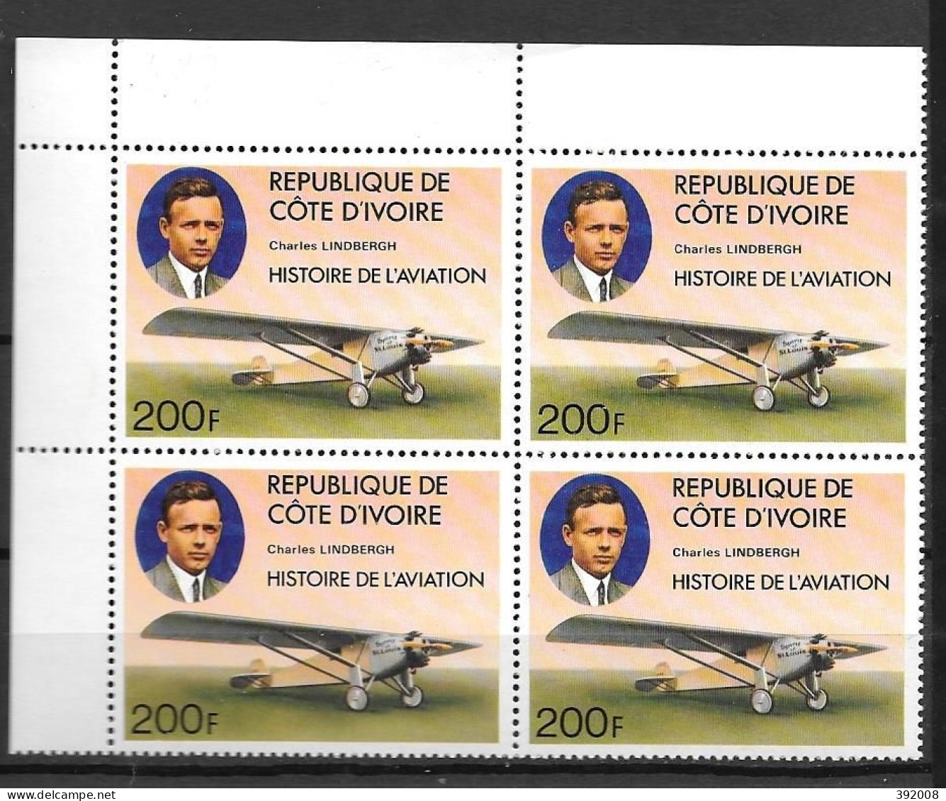 1977 - N° 427 **MNH -Histoire De L'aviation - Lindberg - Bloc De 4 - 1 - Côte D'Ivoire (1960-...)