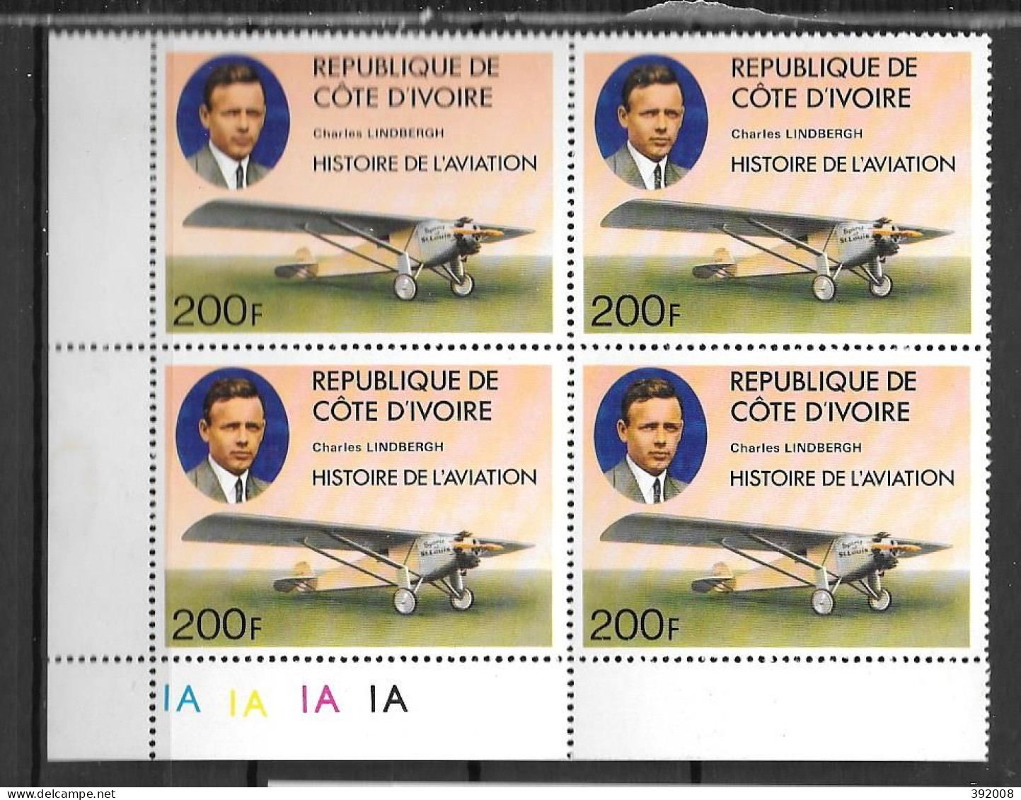 1977 - N° 427 **MNH -Histoire De L'aviation - Lindberg - Bloc De 4 - 2 - Côte D'Ivoire (1960-...)