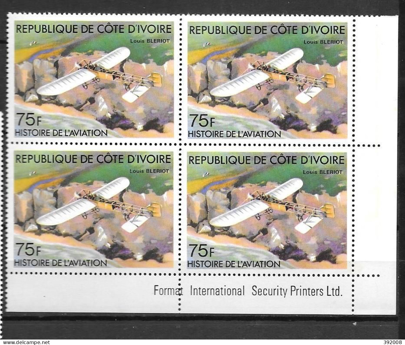 1977 - N° 425 **MNH -Histoire De L'aviation - Blériot - Bloc De 4 - 2 - Costa D'Avorio (1960-...)