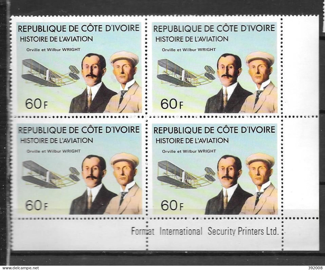 1977 - N° 424 **MNH -Histoire De L'aviation - Frères Wright - Bloc De 4 - 2 - Côte D'Ivoire (1960-...)