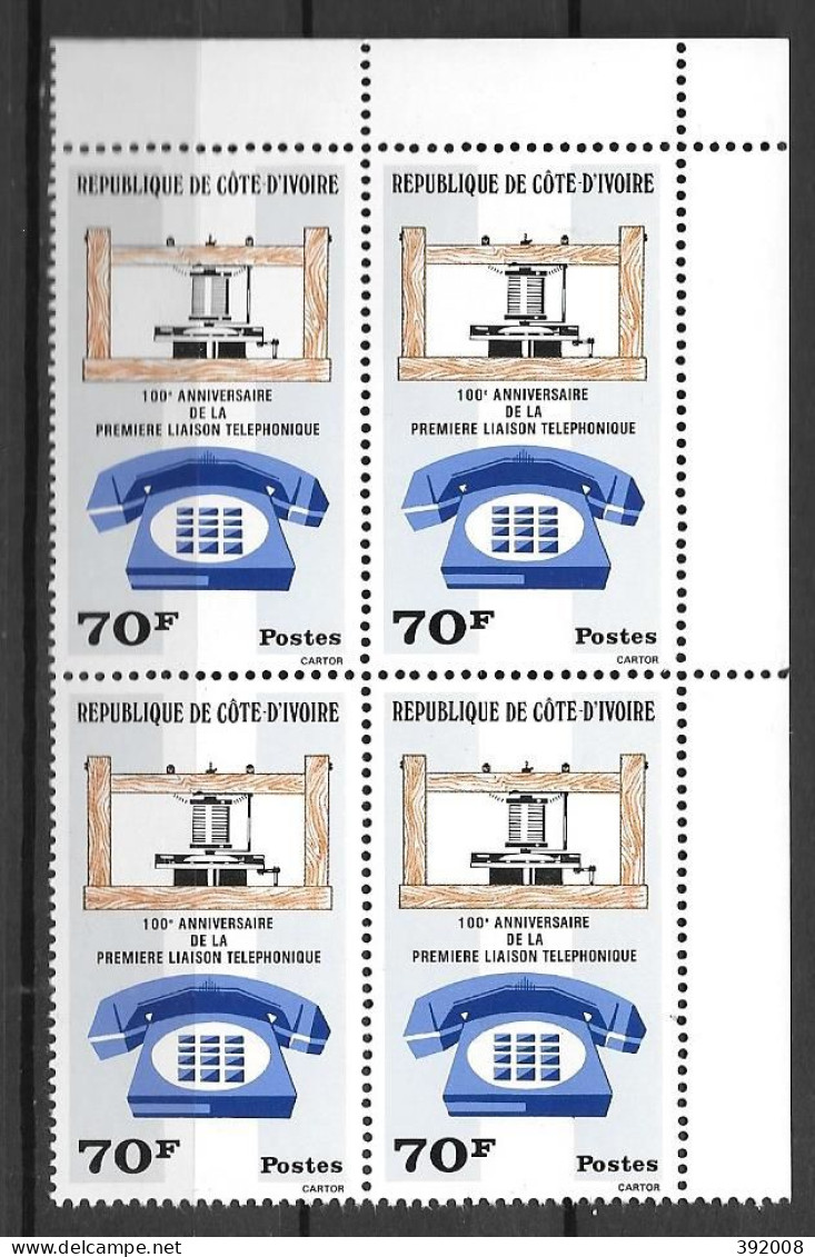 1976 - N° 402**MNH - 100 Ans Première Liaison Téléphonique - Bloc De 4 - 2 - Costa De Marfil (1960-...)