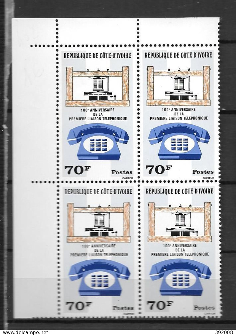 1976 - N° 402**MNH - 100 Ans Première Liaison Téléphonique - Bloc De 4 - 1 - Côte D'Ivoire (1960-...)