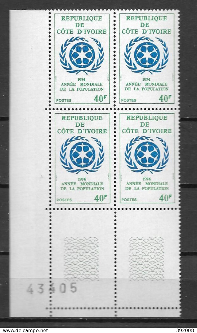 1974 - N° 374 **MNH - Année Mondiale De La Population - Bloc De 4 - 4 - Costa D'Avorio (1960-...)