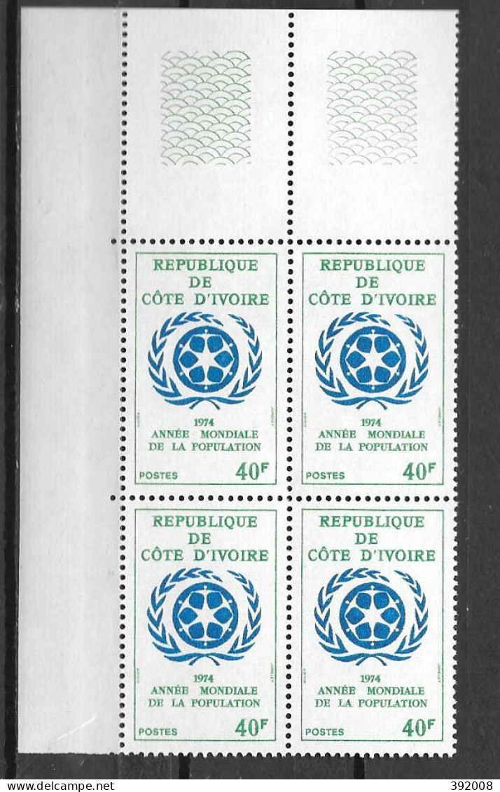 1974 - N° 374 **MNH - Année Mondiale De La Population - Bloc De 4 - 1 - Côte D'Ivoire (1960-...)