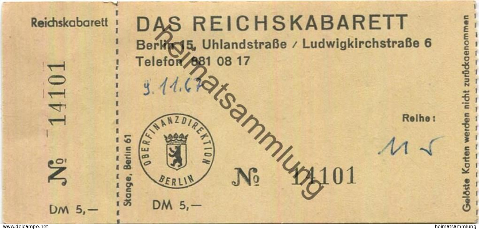 Deutschland - Berlin - Das Reichskabarett Uhlandsterasse/Ludwigkirchstrasse 6 - Eintrittskarte 1967 - Eintrittskarten