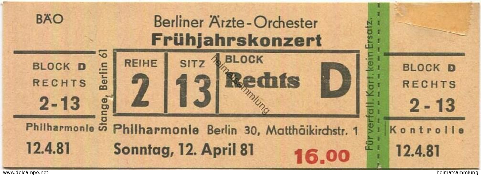 Deutschland - Berlin - Philharmonie Matthäikirchstrasse 1 - Berliner Ärzte-Orchester Frühjahrskonzert - Eintrittskarte 1 - Toegangskaarten