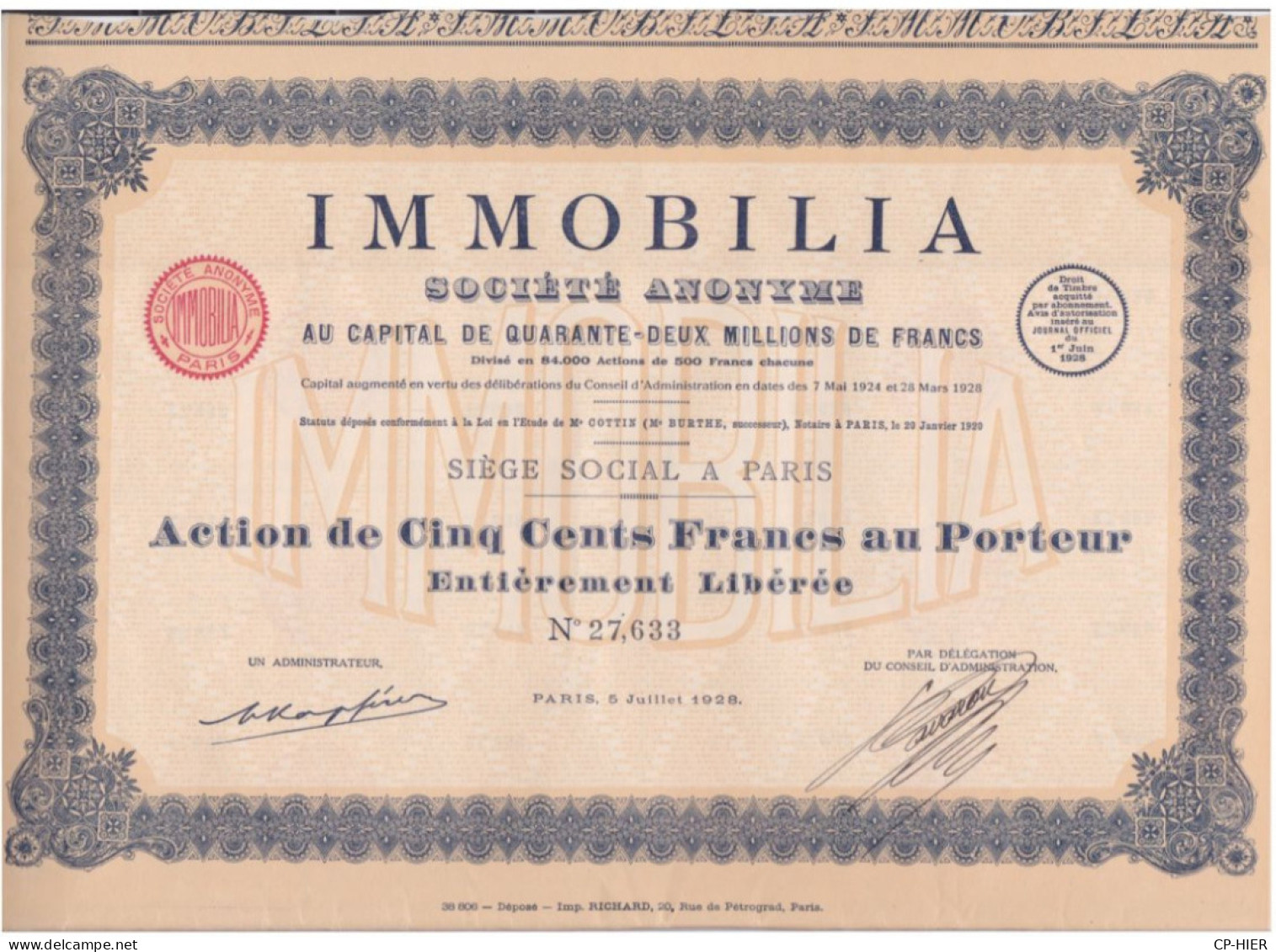 ACTIONS - 500 FRANCS AU PORTEUR - SOCIETE ANONYME IMMOBILIA PARIS - Andere & Zonder Classificatie