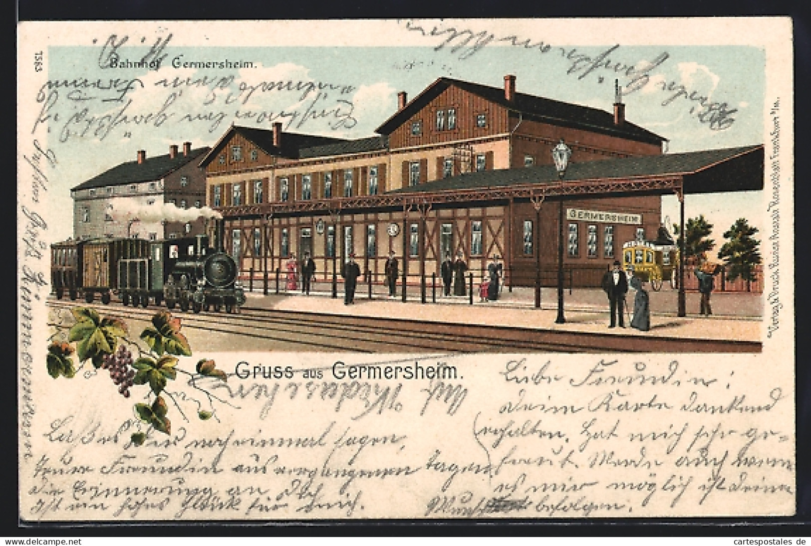 Lithographie Germersheim, Bahnhof Mit Zug, Bahnsteig, Reisenden Und Kutsche Hotel Samen  - Germersheim
