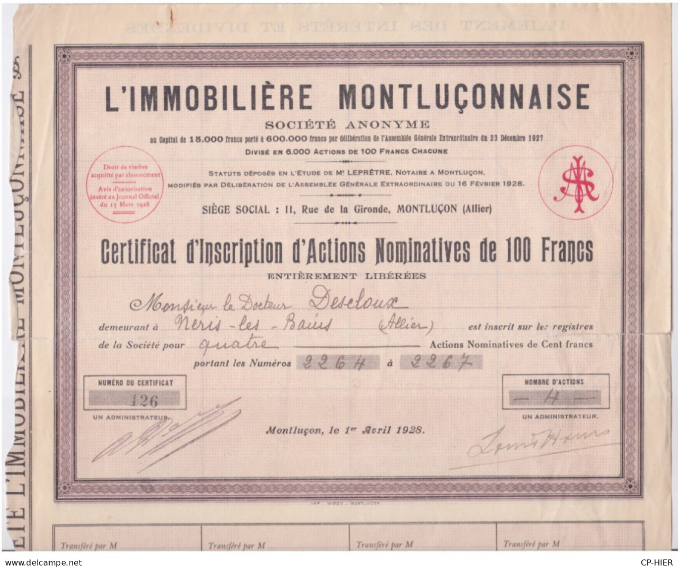 ACTIONS - L'IMMOBILIERE MONTLUCONNAISE -  SOCIETE ANONYME - ACTIONS NOMINATIVES DE 100 FRANCS - Altri & Non Classificati