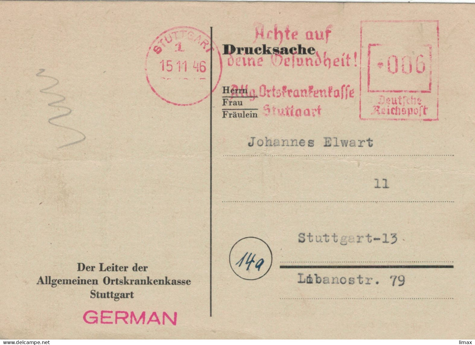 EMA Aptierter Stempel Ohne Adler - AOK Stuttgart 1946 - Ortskarte: Achte Auf Deine Gesundheit - Vertrauensarzt - Württemberg