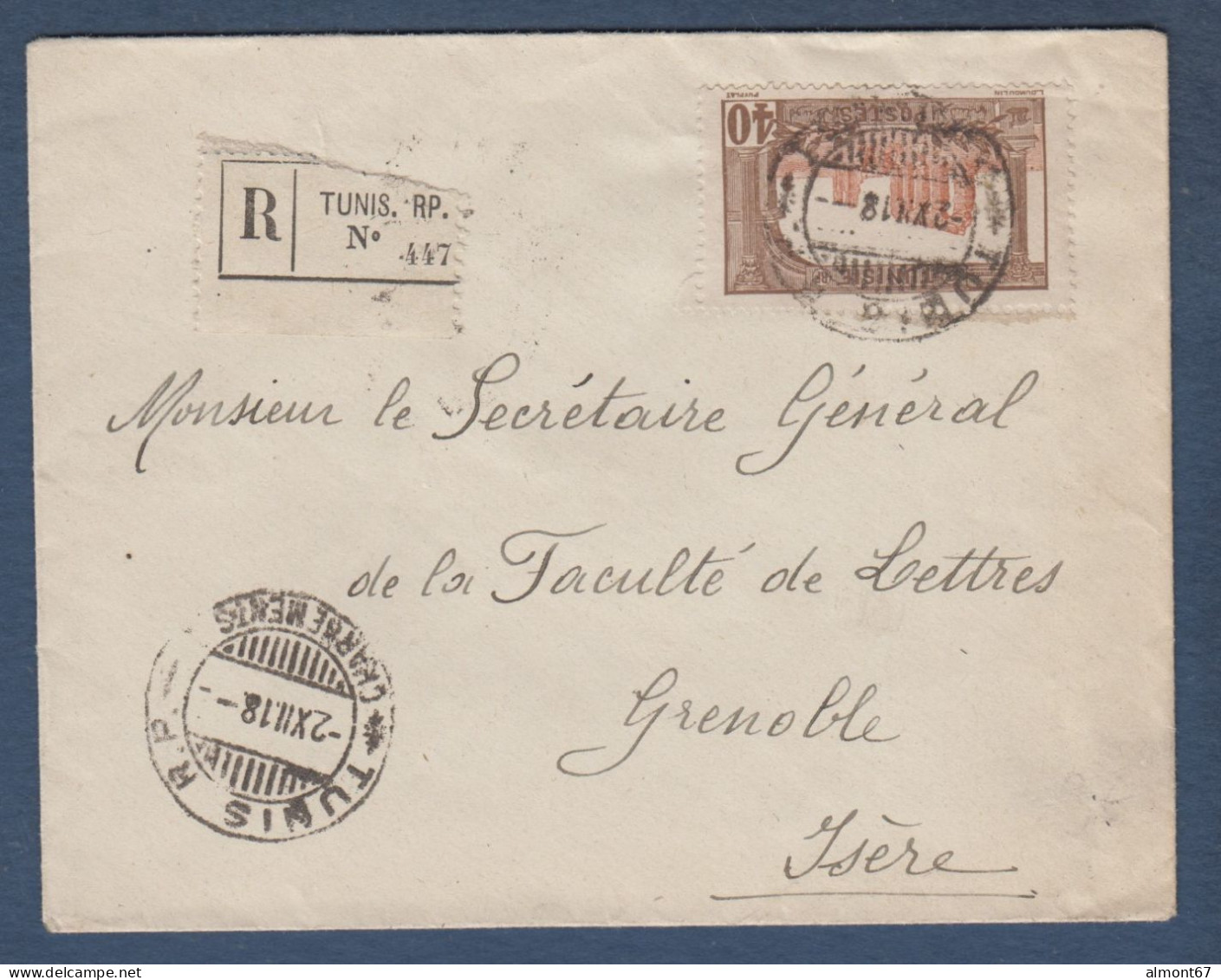 Lettre  Recommandée  De TUNIS RP  CHARGEMENTS I  1918 - Storia Postale