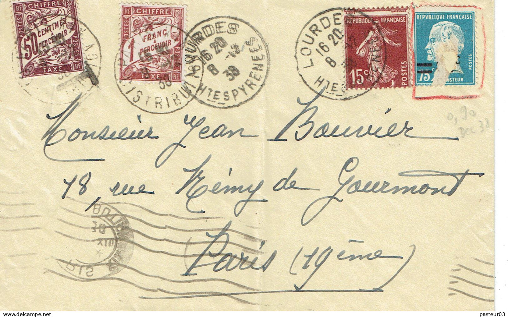 Tarifs Postaux France Du 01-11-1938 (189) Pasteur N° 219 50 C. Sur 75 C. Déjà Servi + Semeuse 15 C. + Taxe Utilisation F - 1922-26 Pasteur