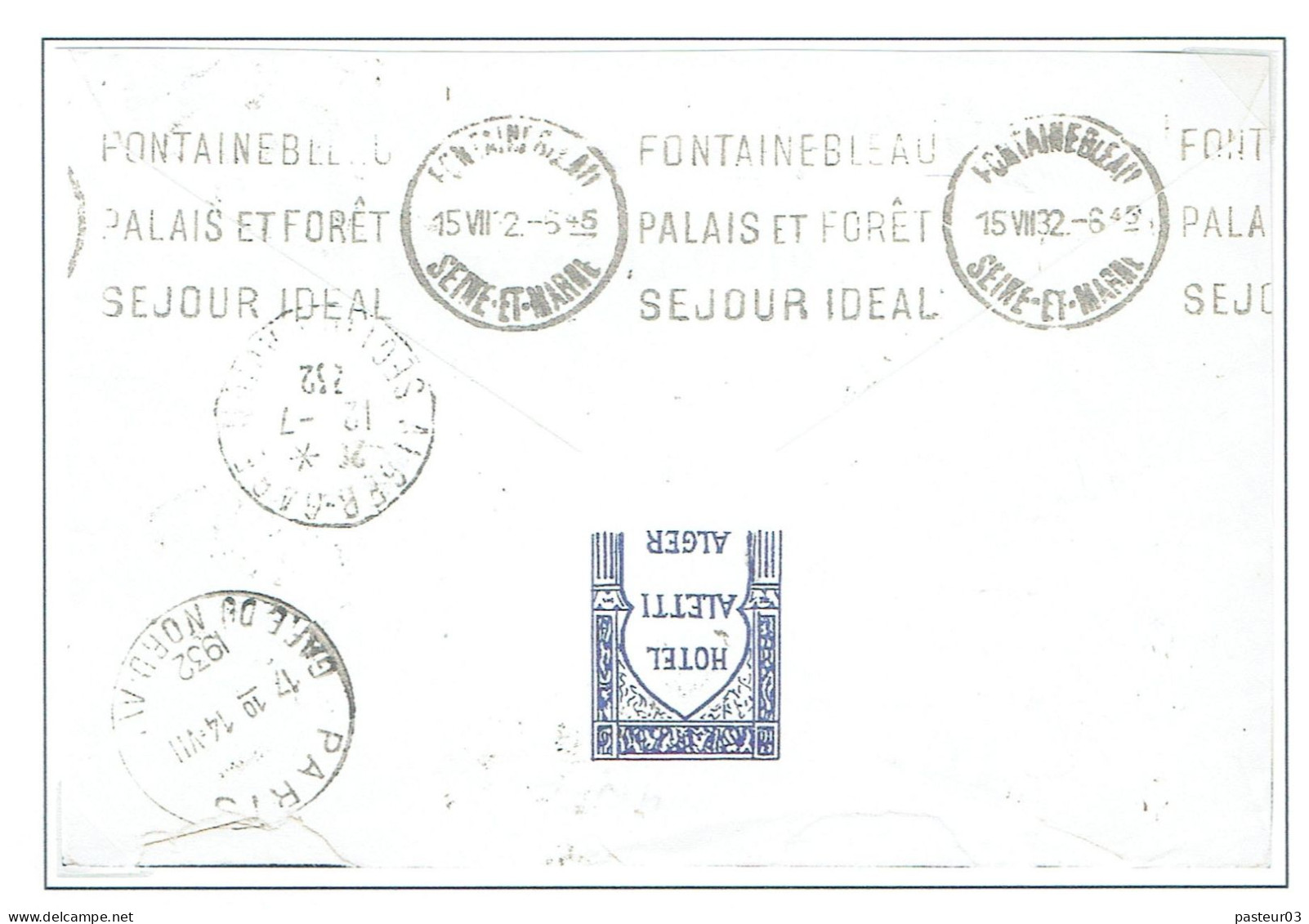 181 Pasteur 1,50 F. Bleu (161Lettre Par Avion D'Algérie Pour La Tarifs Du 09-08-1926  Au Dos Vignette Hôtel Aletti Alger - 1922-26 Pasteur