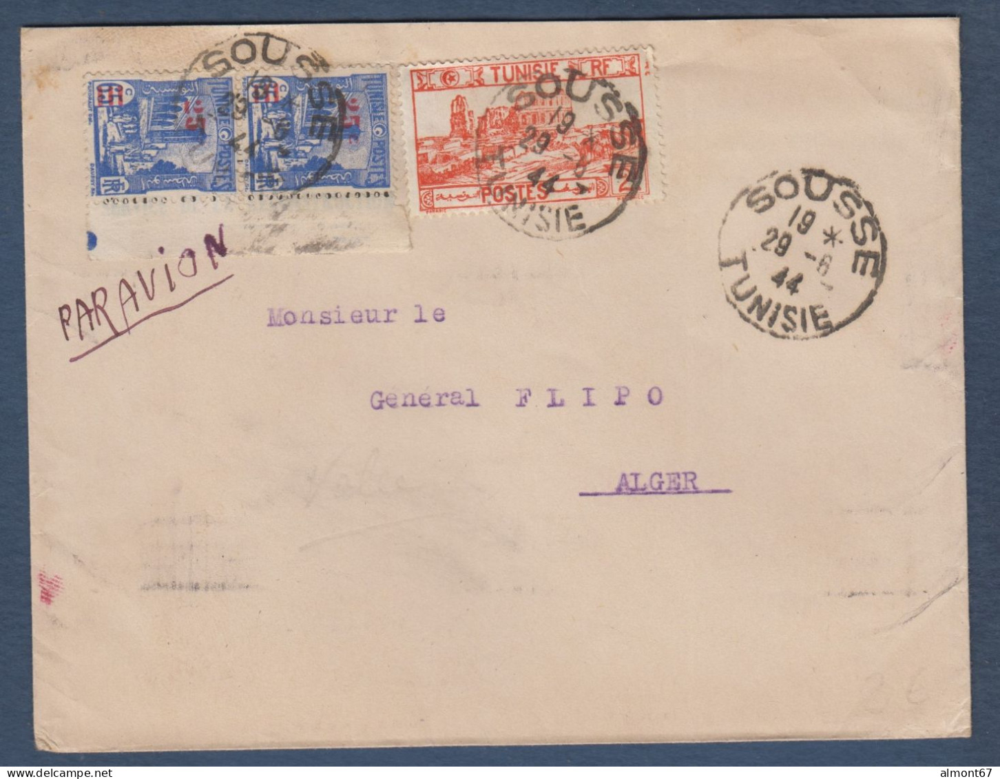 Lettre  Par Avion De SOUSSE  1944 - Covers & Documents