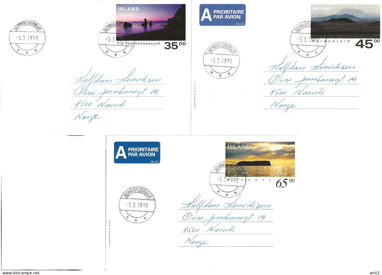 Island Iceland  1998   Three Cards Imprinted Stamps   With Islandic Natur   - 35, 35 And 65 Kr - Cancelled 5.3.98 - Cartas & Documentos