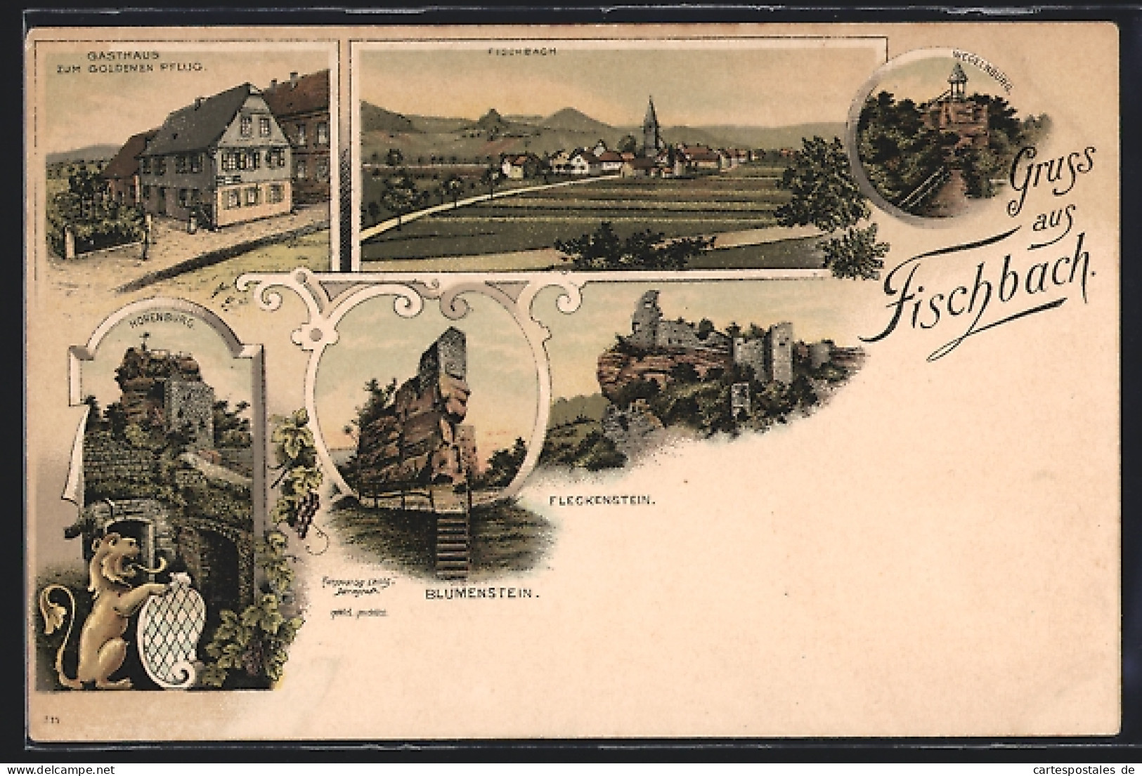 Lithographie Fischbach / Dahn, Gasthaus Zum Goldenen Pflug, Wegelnburg, Hohenburg, Blumenstein, Fleckenstein  - Dahn