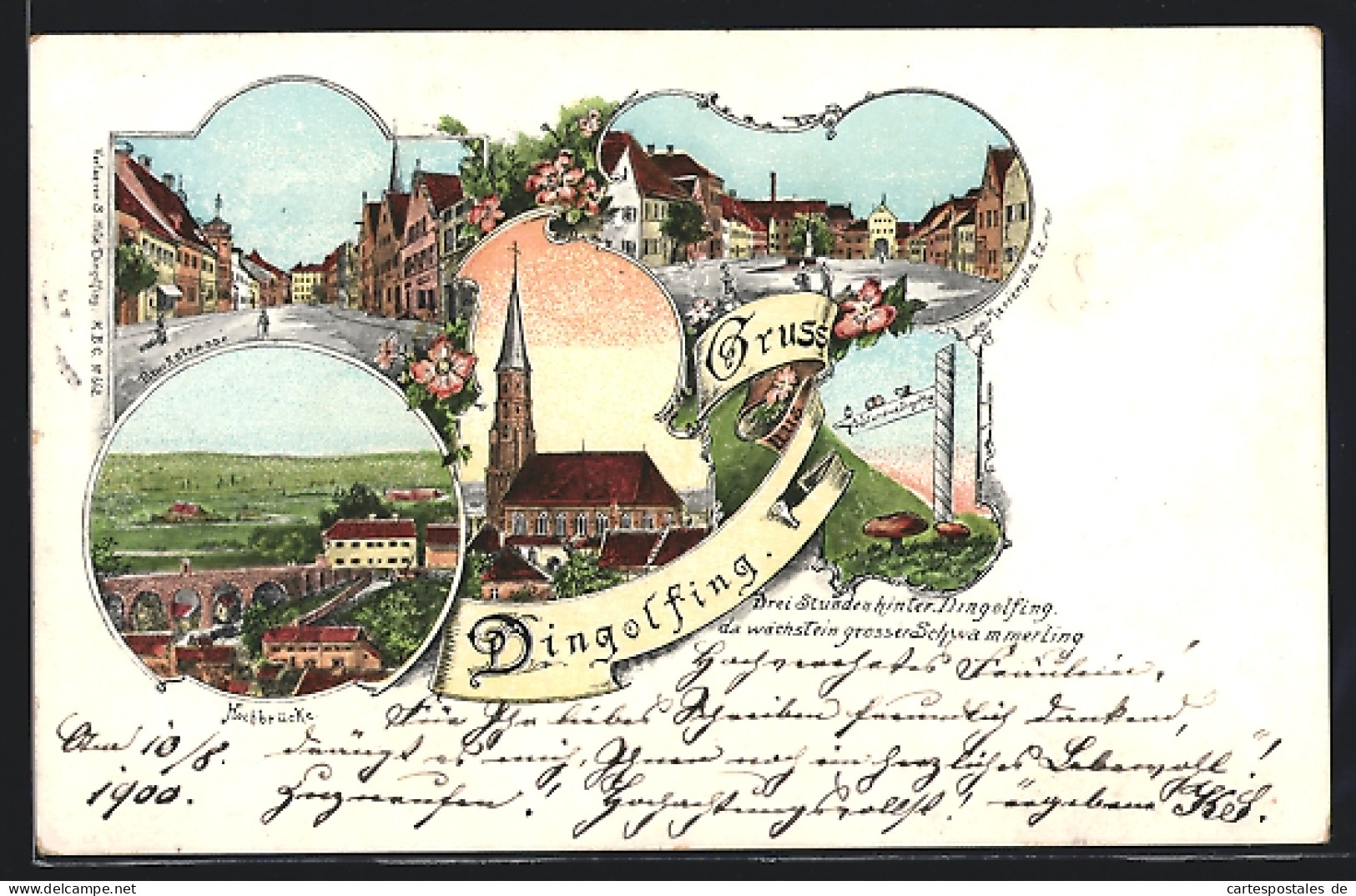 Lithographie Dingolfing, Die Kirche, Marienplatz, Bruckstrasse, Hochbrücke  - Dingolfing