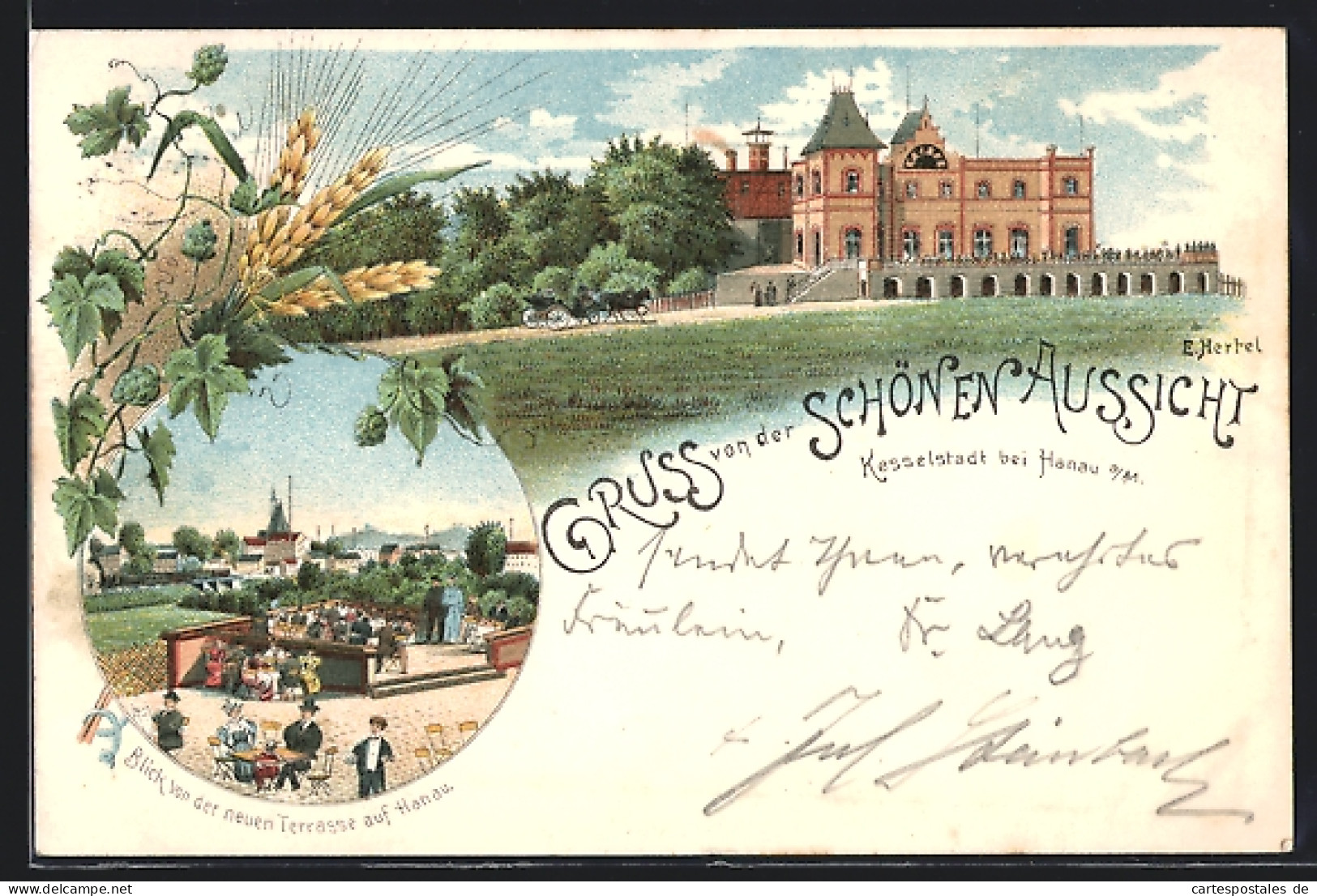 Lithographie Kesselstadt Bei Hanau, Gasthaus Kaiser Auf Der Schönen Aussicht, Blick Von Der Terrasse Auf Hanau  - Hanau