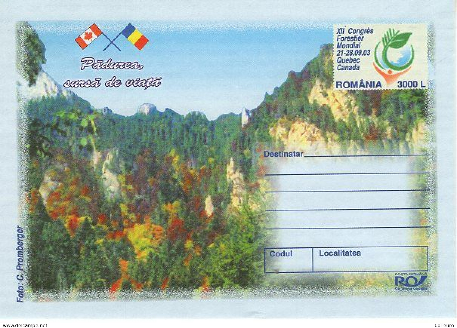 ROMANIA 158x2003: FORESTRY WORLD CONGRESS - CANADA, Unused Prepaid Postal Stationery Cover - Registered Shipping! - Entiers Postaux