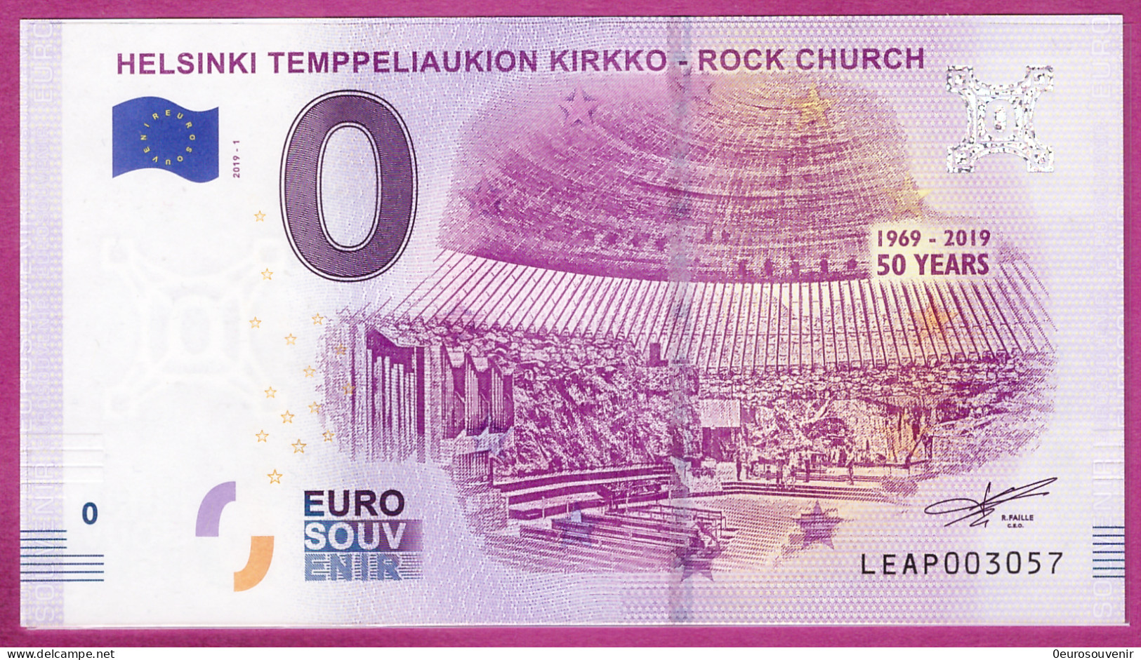 0-Euro LEAP 2019-1 HELSINKI TEMPPELIAUKION KIRKKO - ROCK CHURCH 50 YEARS - Privatentwürfe