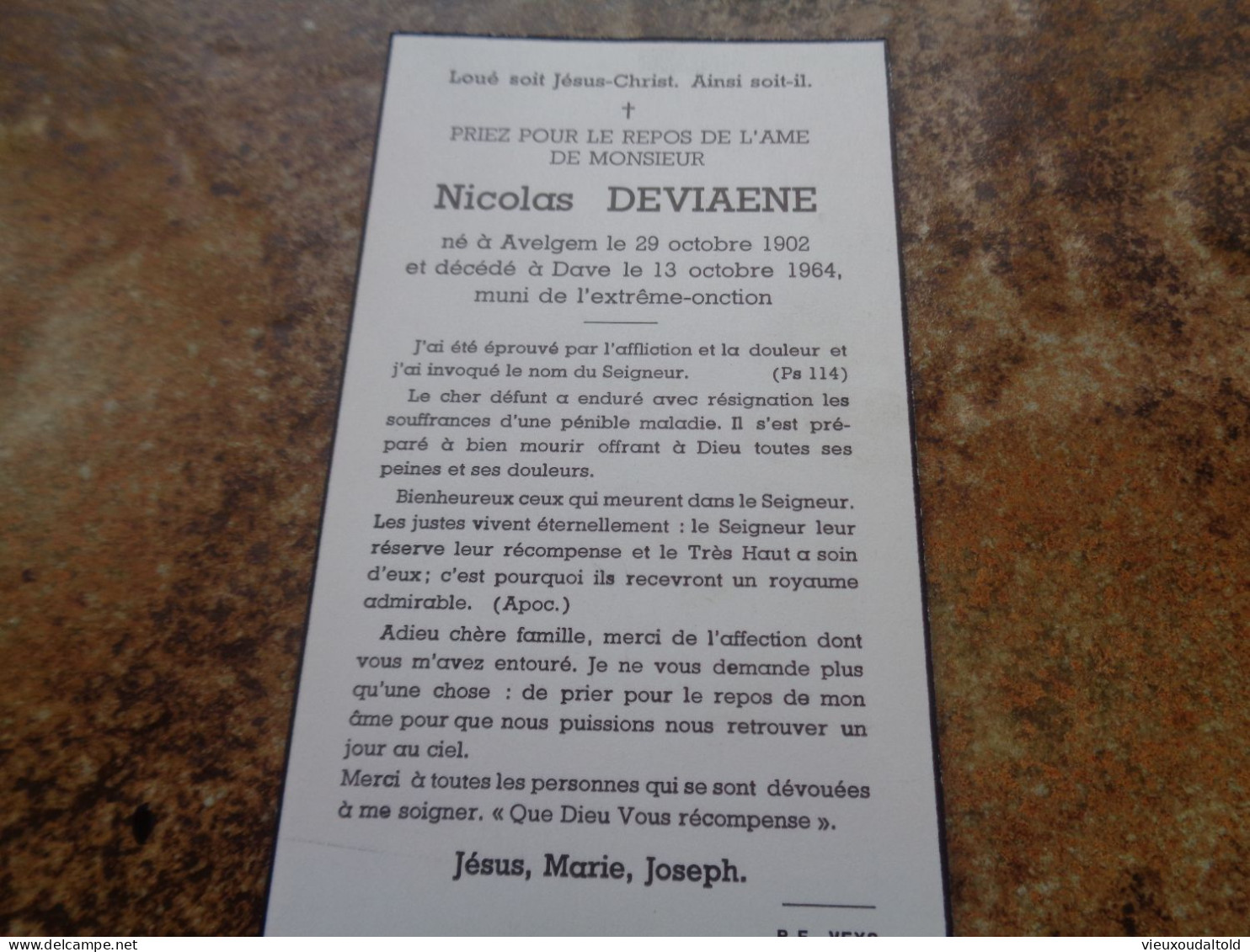 --Doodsprentje/Bidprentje  Nicolas DEVIAENE   Avelgem 1902-1964 Dave - Religión & Esoterismo