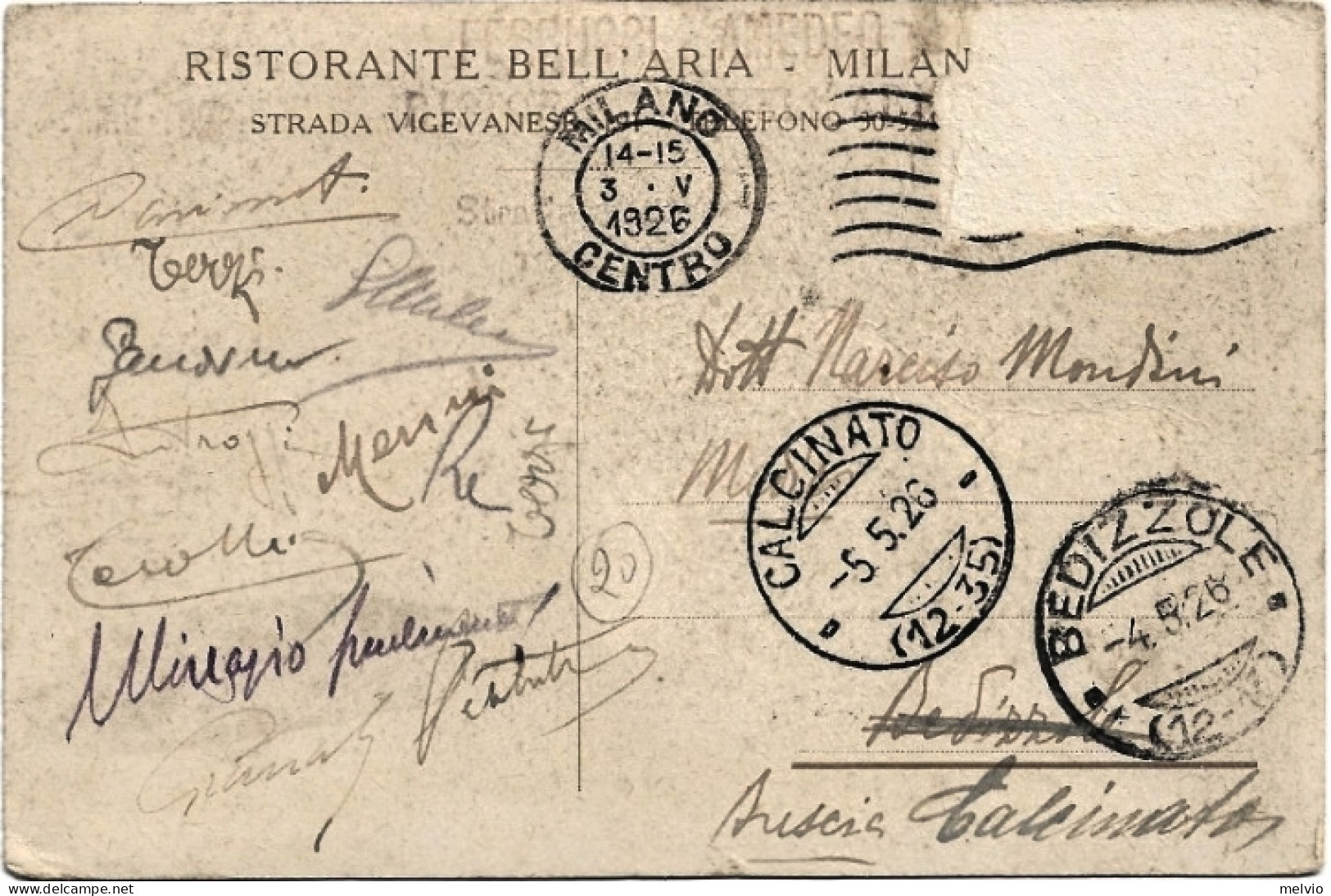 1926-Milano Tre Vedute Interni Ristorante Bell'Aria, Viaggiata Francobollo Aspor - Hotels & Restaurants