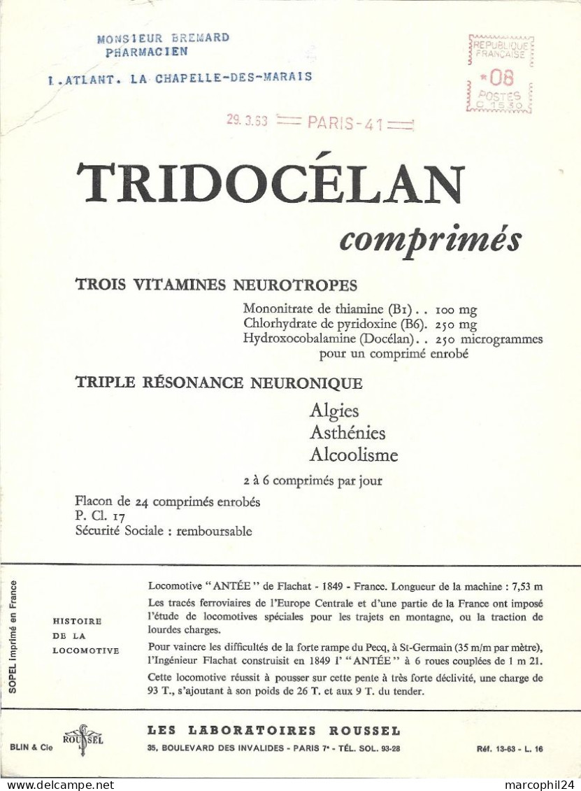 Publicité Pharma + TRIDOCELAN + Histoire De La LOCOMOTIVE : ANTEE - 1849 - France + Laboratoires ROUSSEL 1963 + TRAIN - Publicités