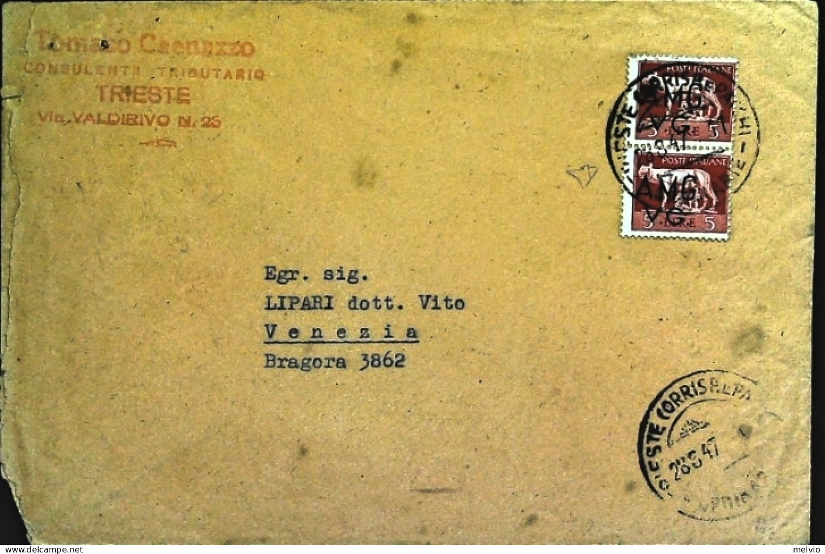 1947-Italia AMG VG Busta Affrancata Con Coppia L.5 Con Sovrastampa Spostata A Si - Poststempel