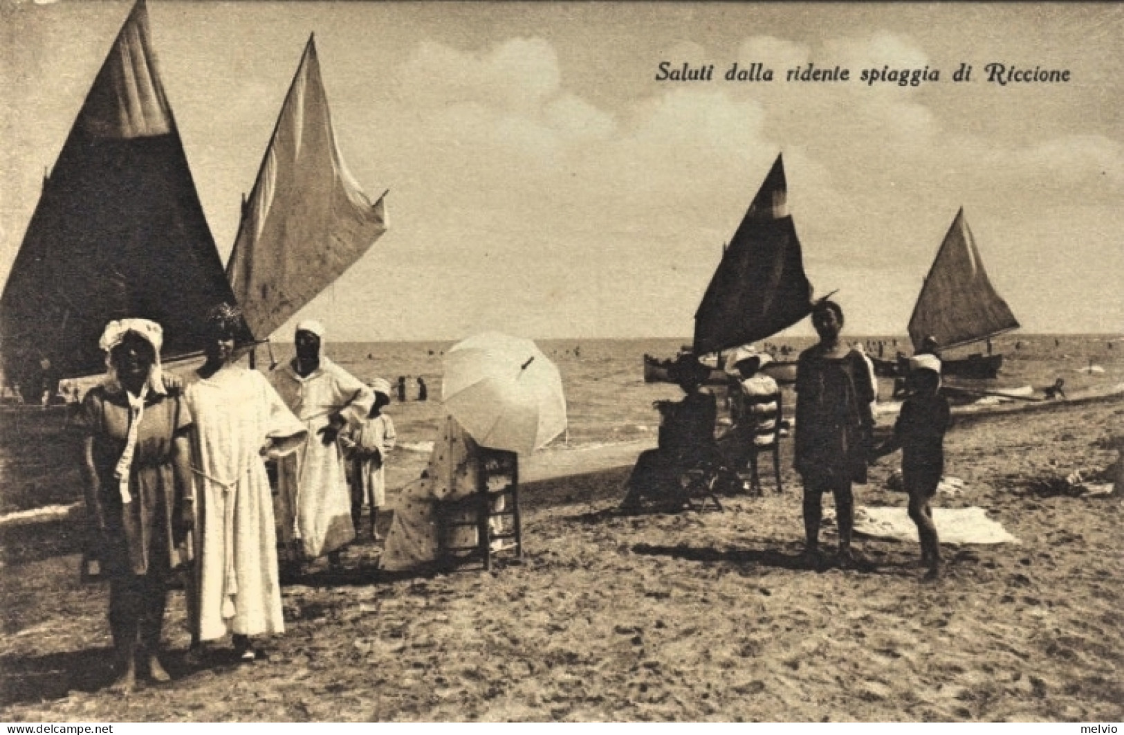 1920-ca.-Riccione Forli', Saluti Dalla Ridente Spiaggia, Bagnanti In Costume D'e - Forli