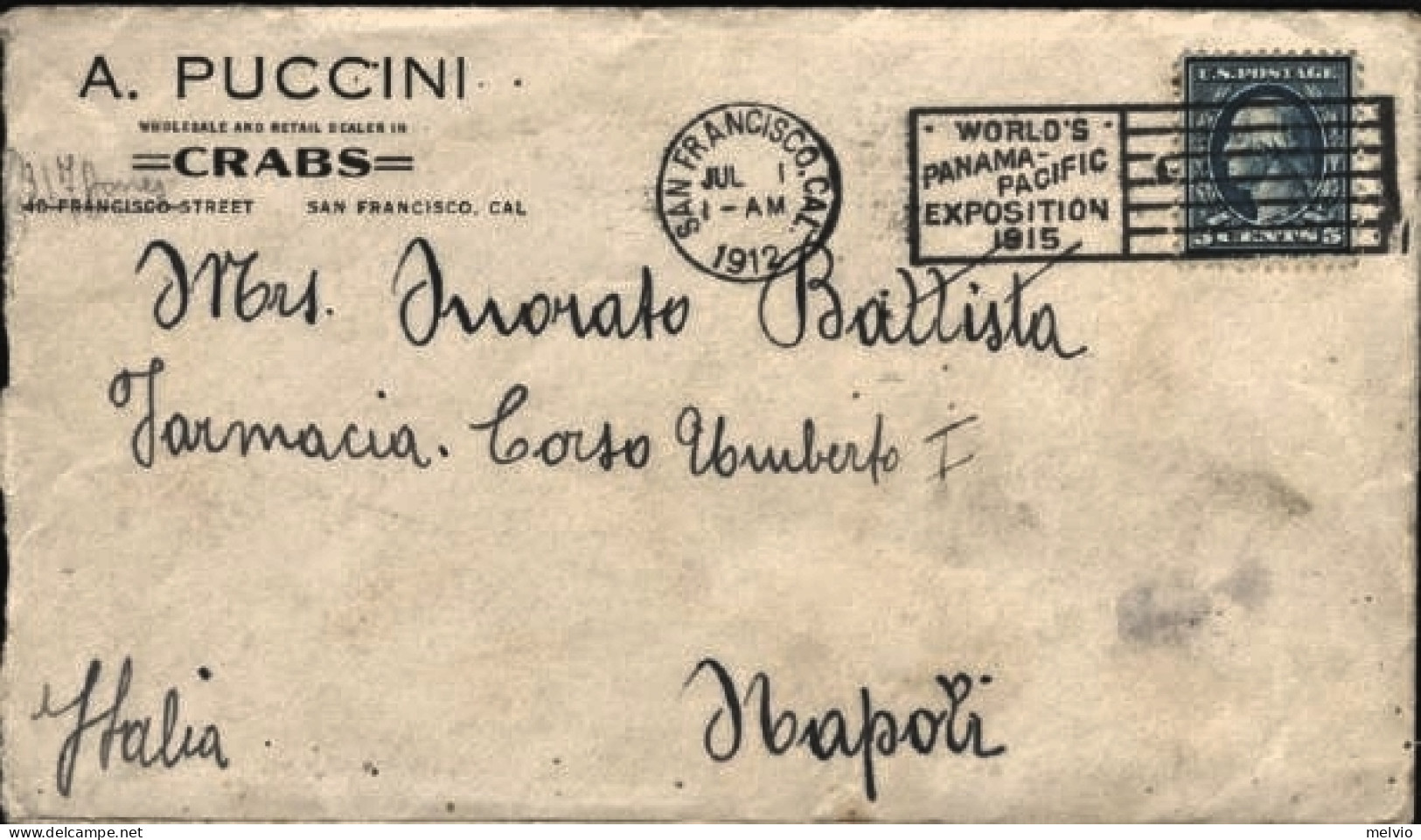 1912-U.S.A. Cover A.Puccini Dealer In Crabs Affrancata 5c.Washington Diretta In  - Storia Postale