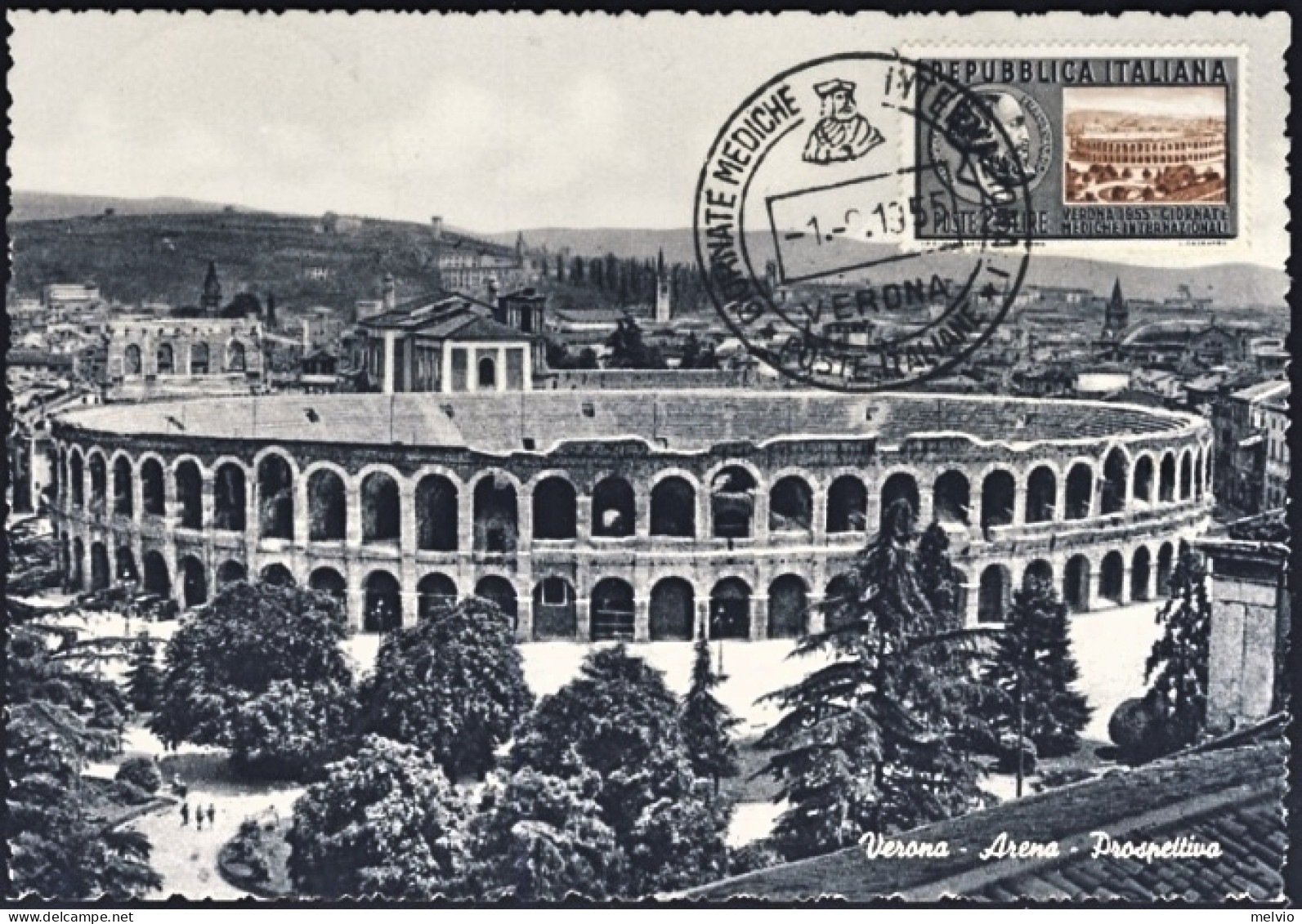1955-L.25 Fracastoro Su Cartolina Verona Arena Prospettiva Annullo Giornate Medi - Verona