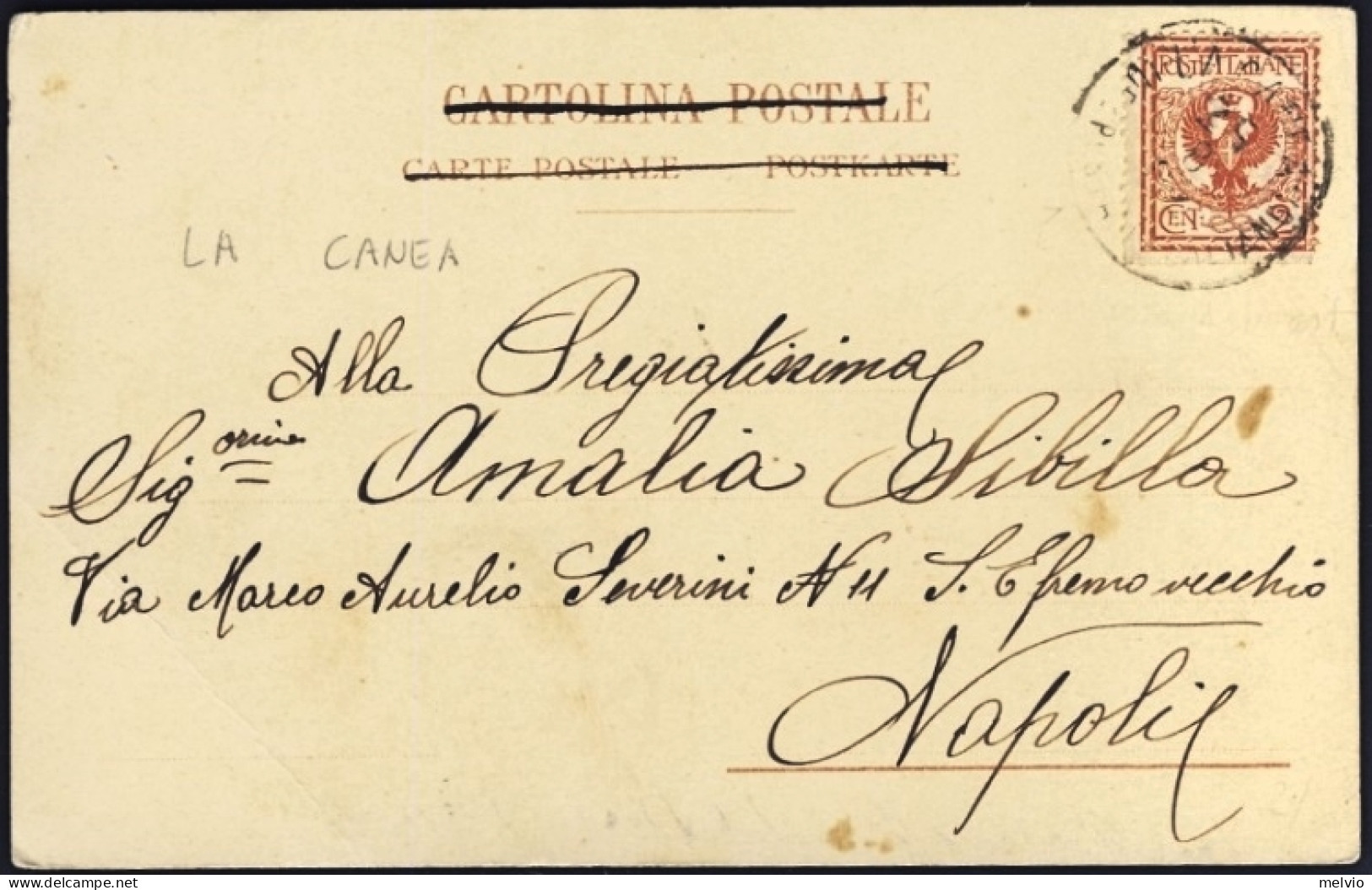 1904-Creta La Canea Cartolina Napoli Affrancata 2c. Di Regno Con Annullo Uff.Pos - Sonstige & Ohne Zuordnung