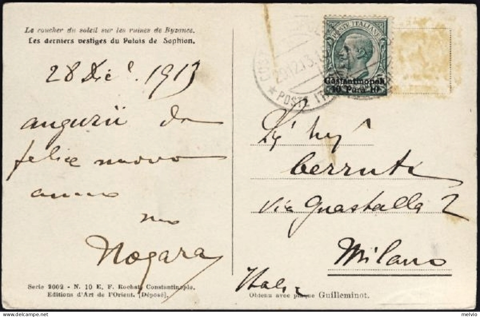 1913-Costantinopoli Cartolina Affrancata 10/5pa.(altro Francobollo Caduto) Annul - Europese En Aziatische Kantoren