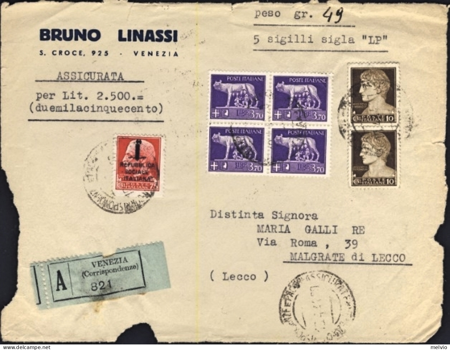 1944-RSI Intero Fronte Di Assicurata Affrancata Con Coppia 10c. + Quartina L.3,7 - Poststempel