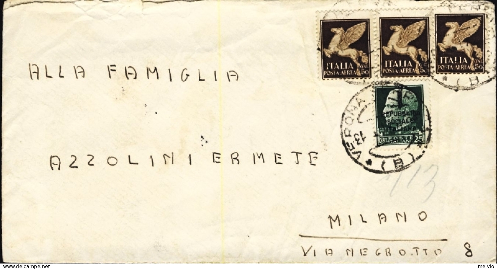 1944-RSI Lettera Con Testo Menzionante Un Bombandamento Affrancata Tre PA. 50c.+ - Marcofilía