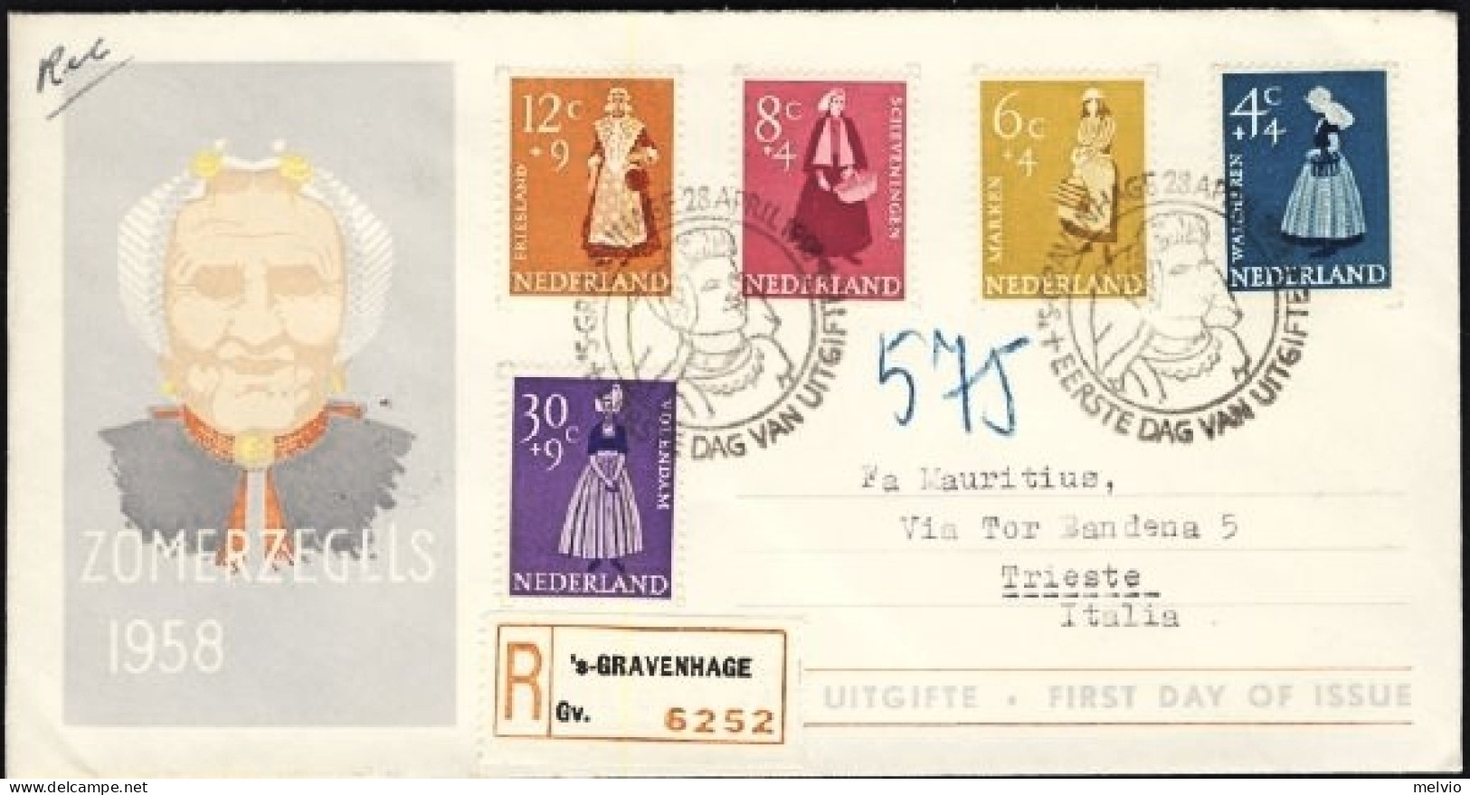 1958-Olanda Serie 5 Valori Costumi Nazionali Su Raccomandata Diretta In Italia - Poststempel