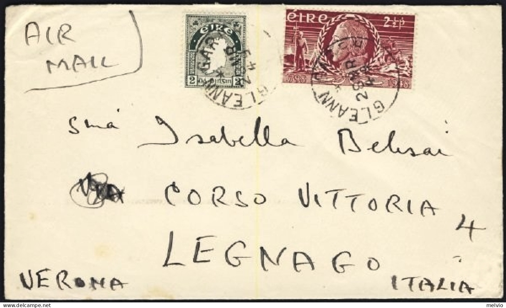 1949-Irlanda Lettera Via Aerea Diretta A Legnago Affrancata Con Due Valori Comme - Cartas & Documentos