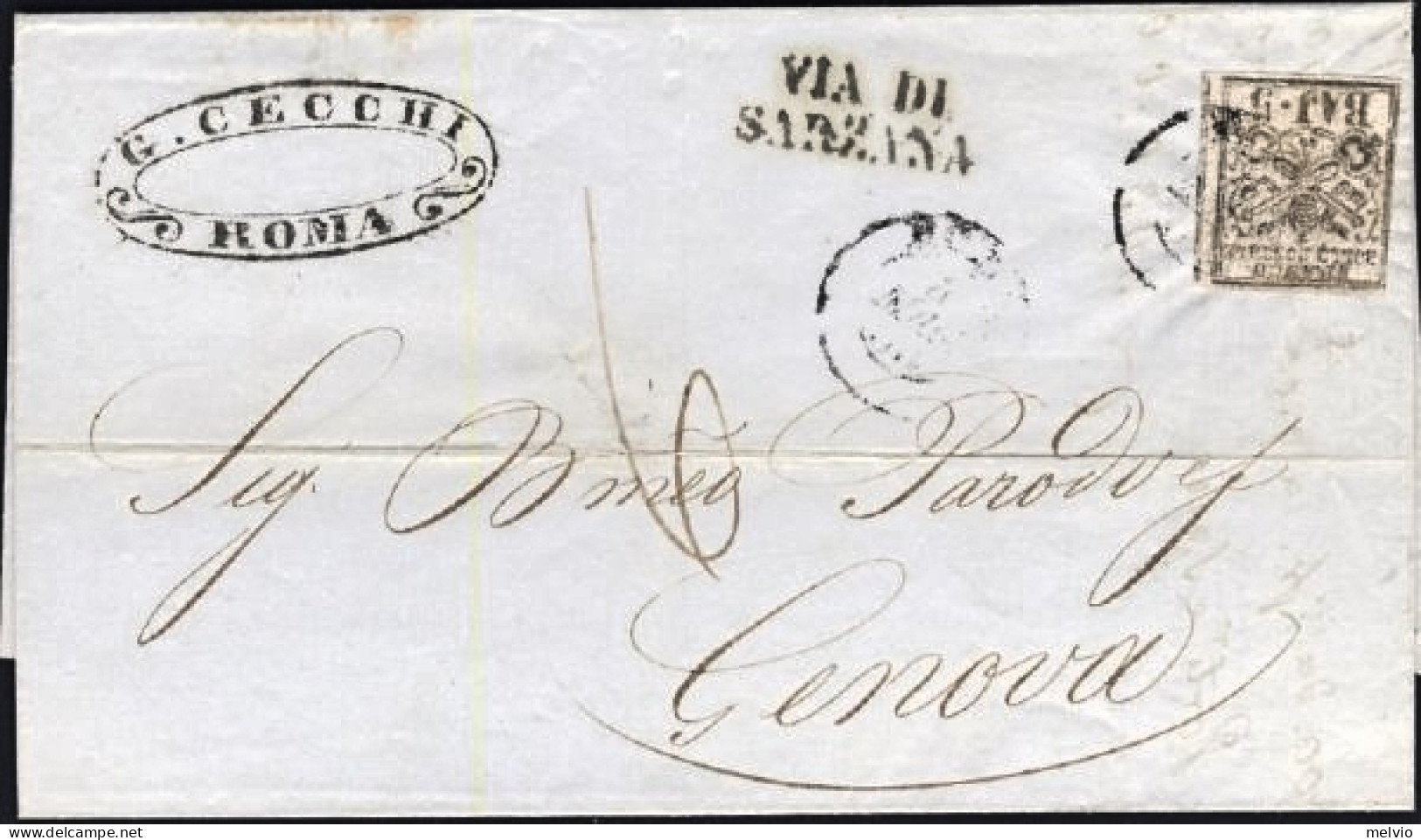 1854-Pontificio Lettera Affrancata 5b. Bianco Rosaceo Con Stampa Inchiostro Grig - Papal States