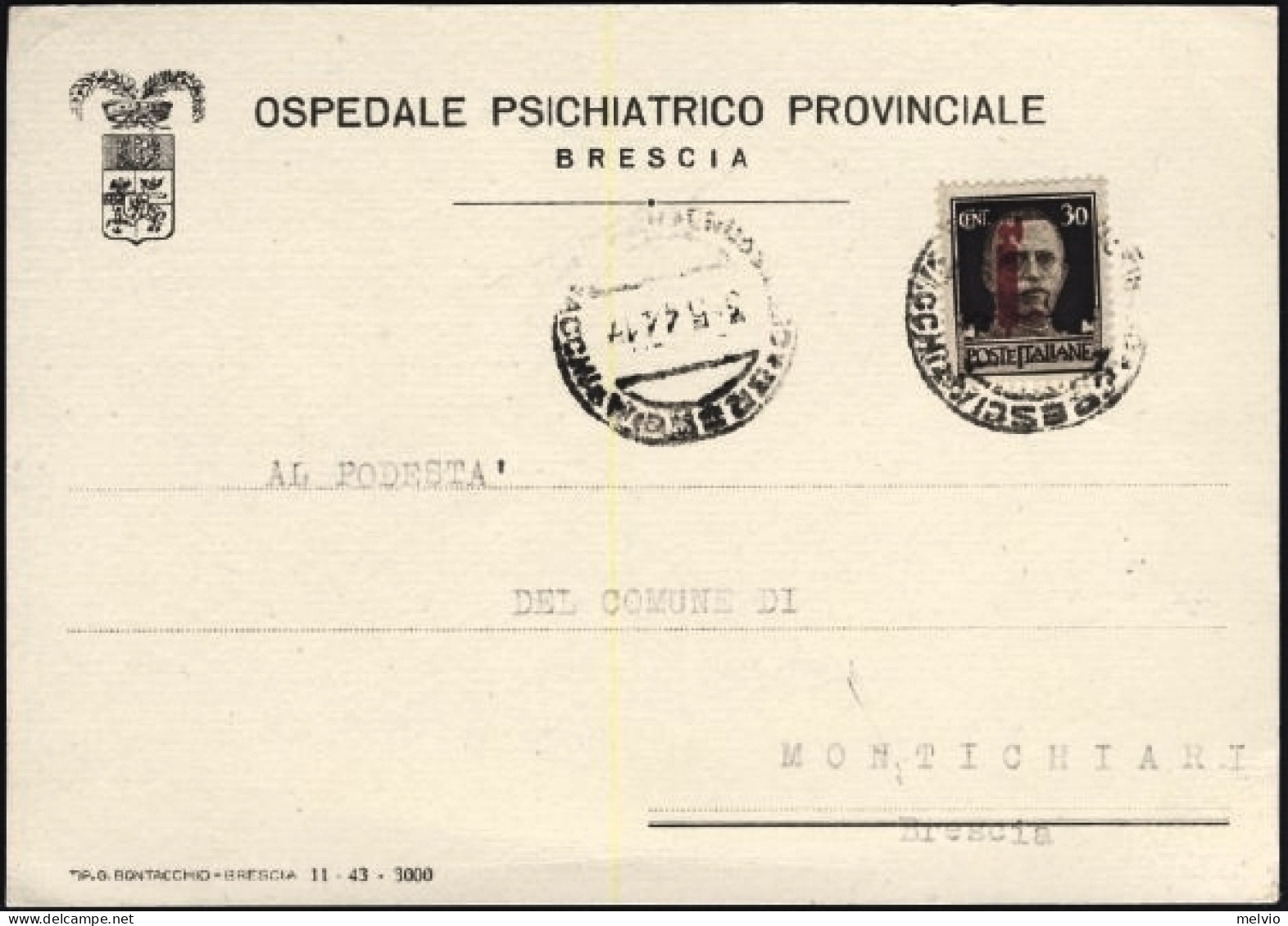 1944-RSI Cartolina Ospedaliera Affrancata Con 30c.soprastampa Fascio Rosso Bruno - Marcophilia