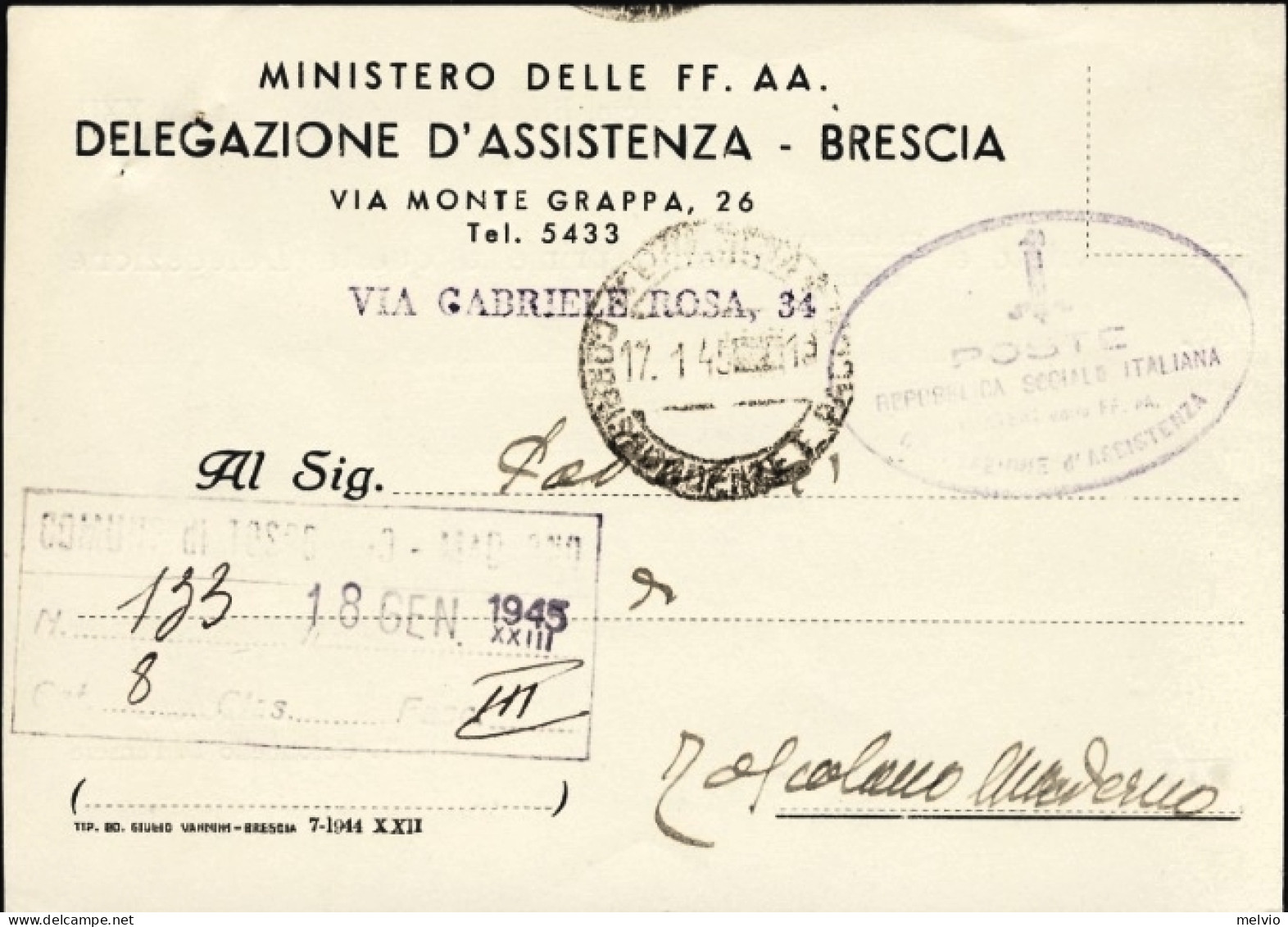 1945-RSI Cartolina Ministero FFAA Delegazione Assistenza Brescia Viaggiata - Marcophilie