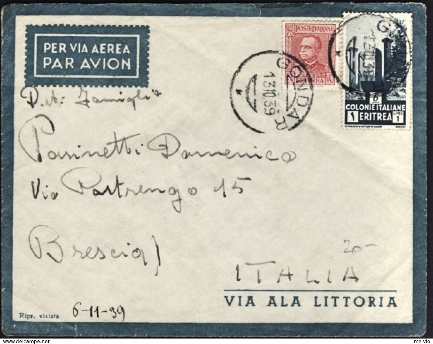 1939-Eritrea Lettera Affrancata 75c.V.E.III^L.1 Pittorica Annullo Di Gondar, Bus - Eritrea