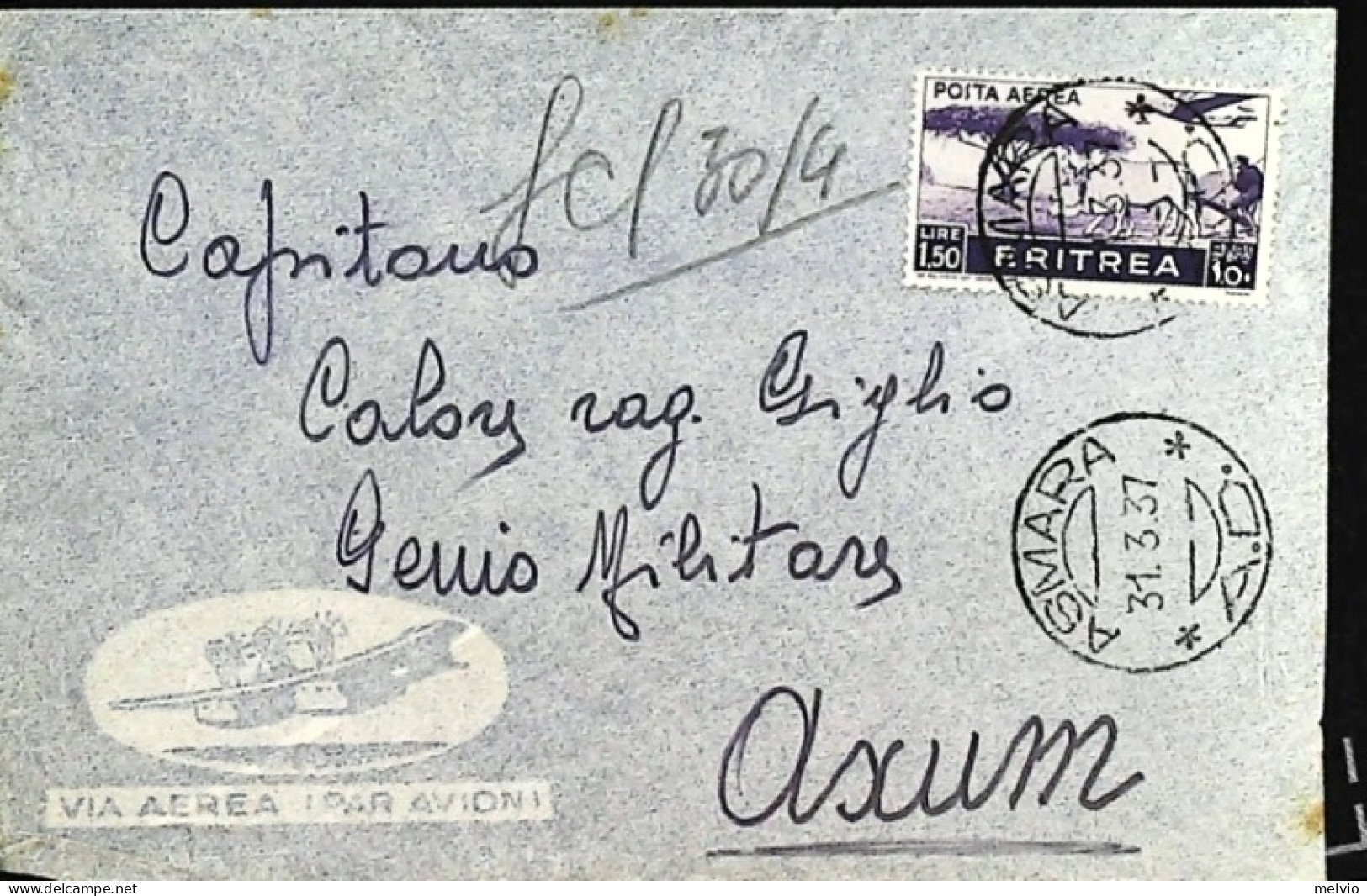 1937-Eritrea Busta Via Aerea Da Asmara Affrancata P.A. L.1,50 Per Axum - Eritrea