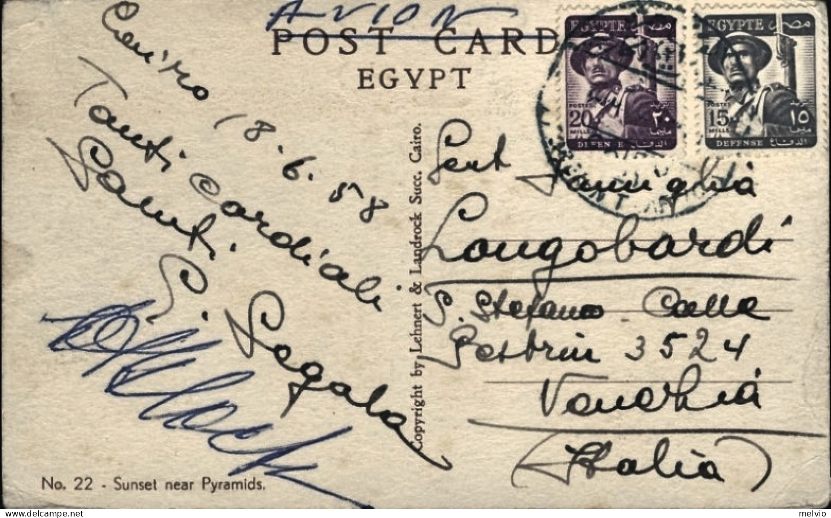 1958-Egitto Cartolina Diretta In Italia Affrancatura Multipla - Altri & Non Classificati