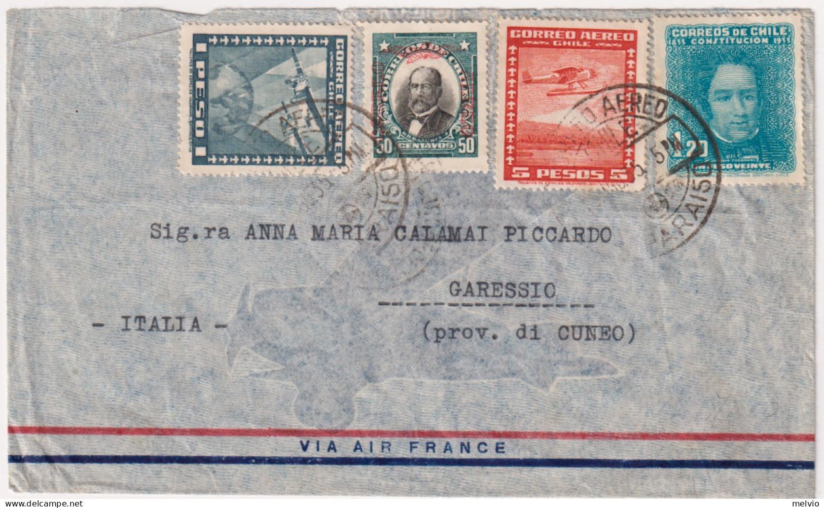 1935-Cile Aerogramma Per Garessio (Cuneo) Con Bella Affrancatura Quadricolore - Chile