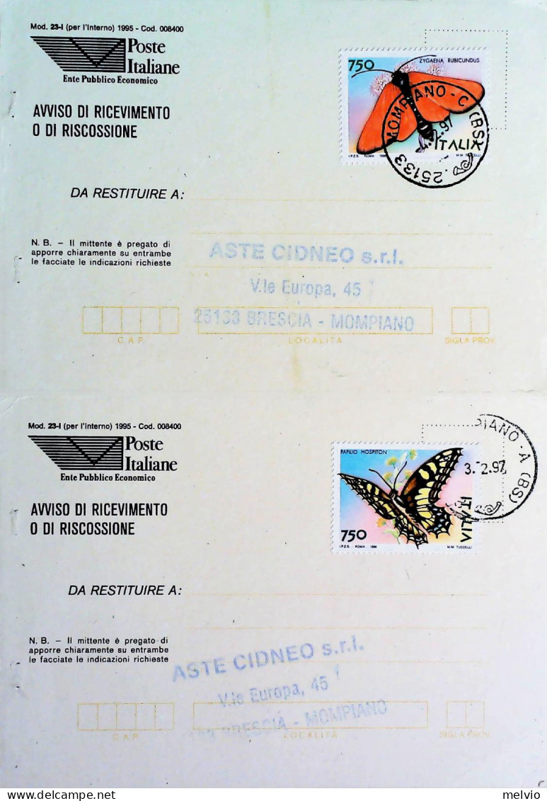 1997-FARFALLE I Quattro Valori Serie Cpl. (2217/0) Isolato Su 4 Avvisi Ricevimen - 1991-00: Marcophilie