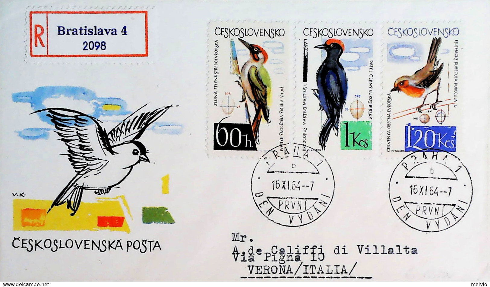 1964-CECOSLOVACCHIA CECOSLOVENSKO Uccelli Serie Cpl. (1361/6) Due Fdc Raccomanda - FDC