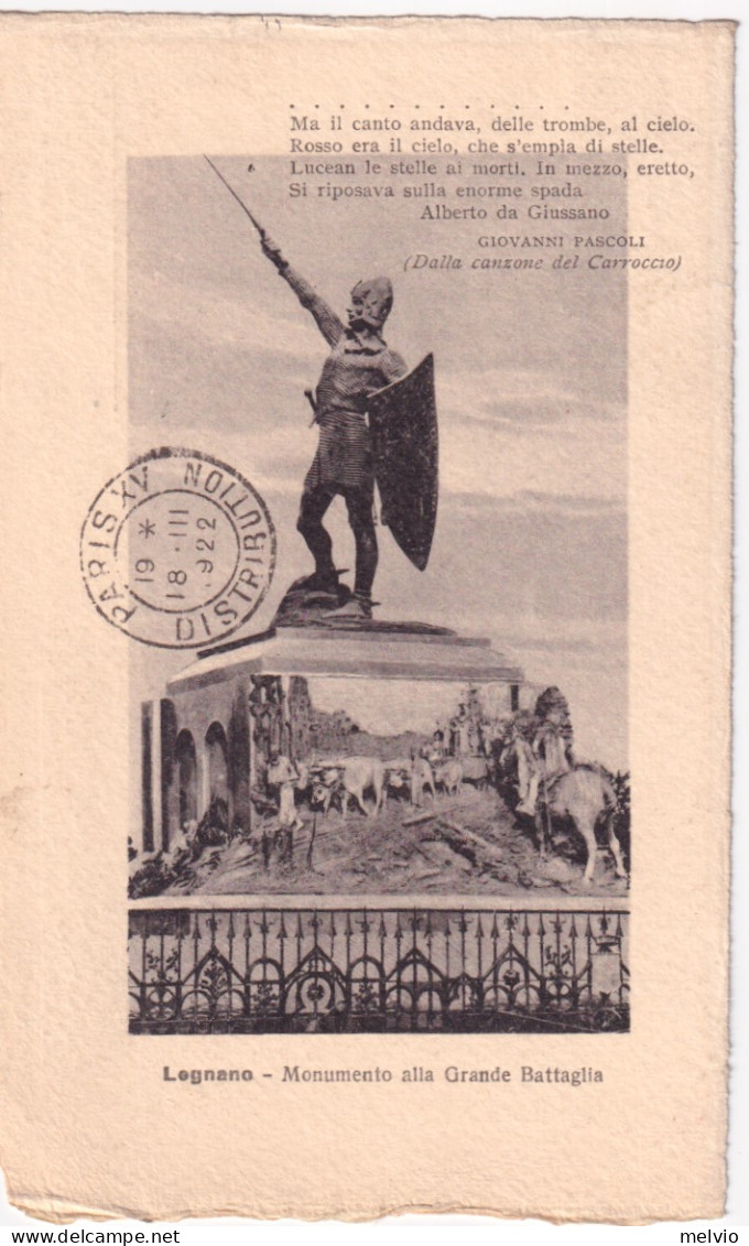 1922-"Legnano Monumento Alla Grande Battaglia"diretta In Francia Affrancata Copp - Legnano