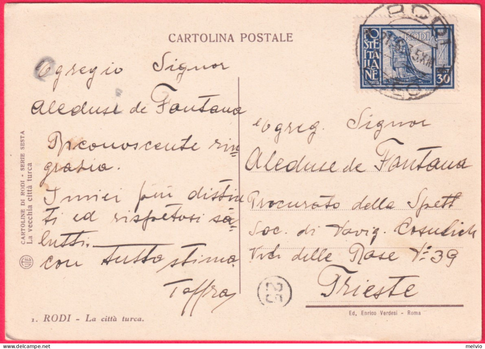 1935-Egeo Rodi La Citta' Turca,viaggiata - Egée (Rodi)